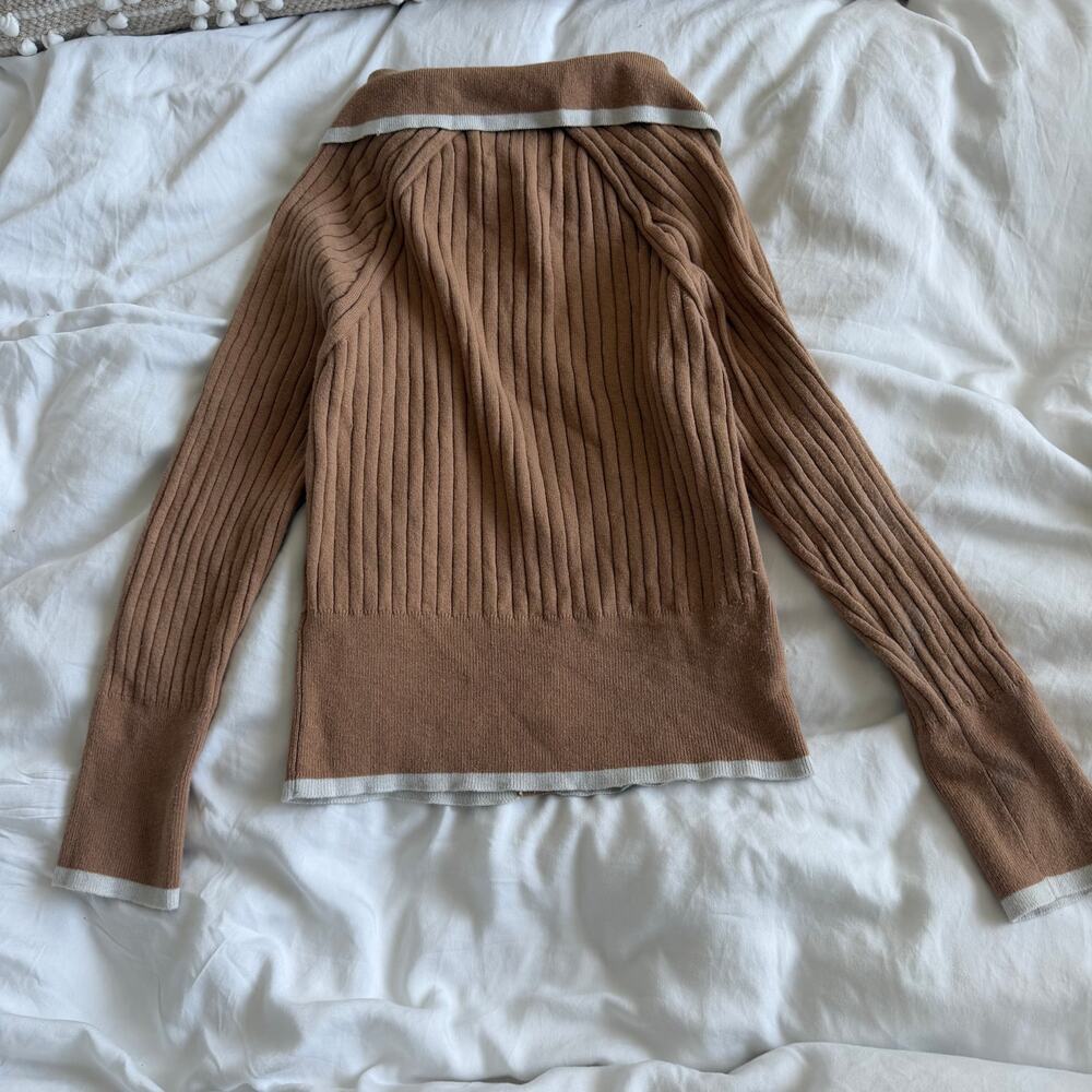 MATTHEW BRUCH Rib Knit Cropped Cardigan Khaki Size 2 / Small - Picture 5 of 5
